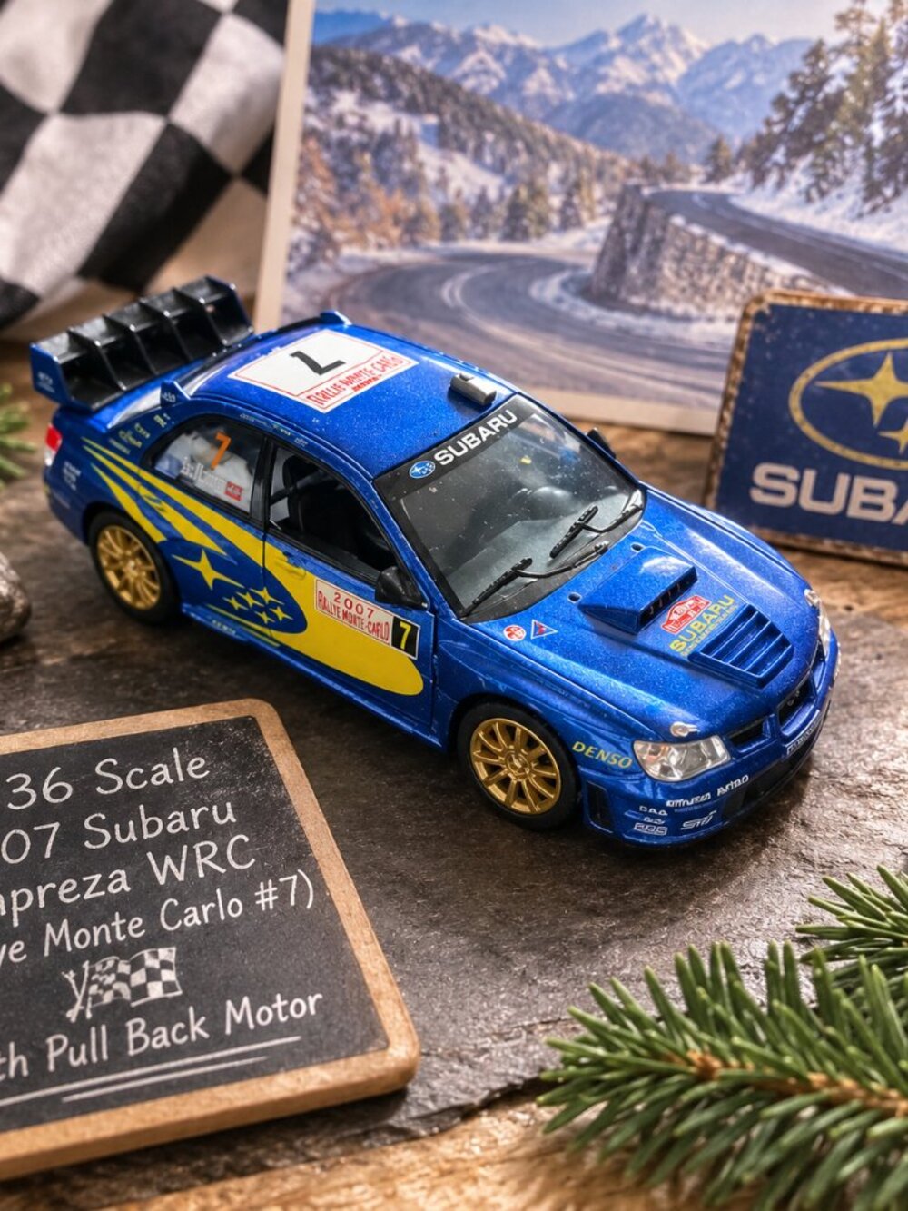 1:36 scale 2007 Subaru Impreza WRC (Rallye Monte Carlo #7) with pull back motor